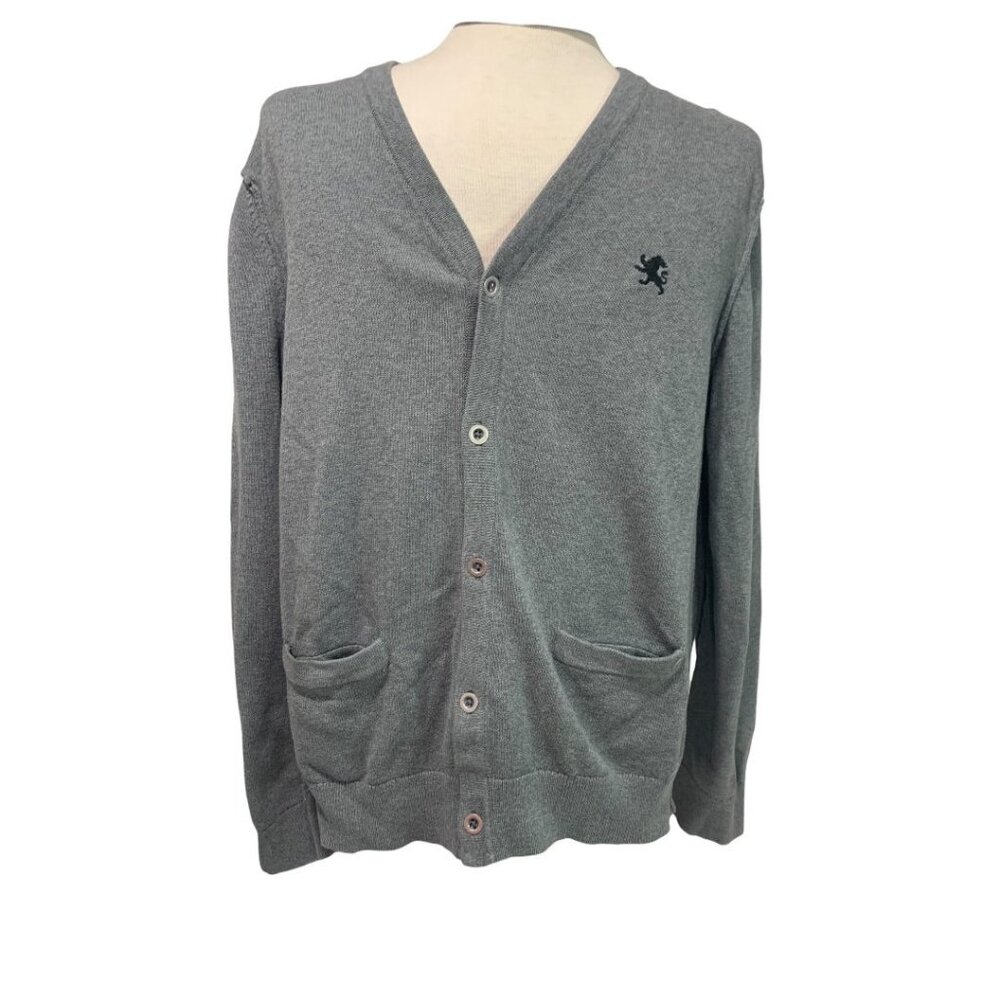 Large Express Mens Gray Traditional Cardigan Sweater Pockets Crest